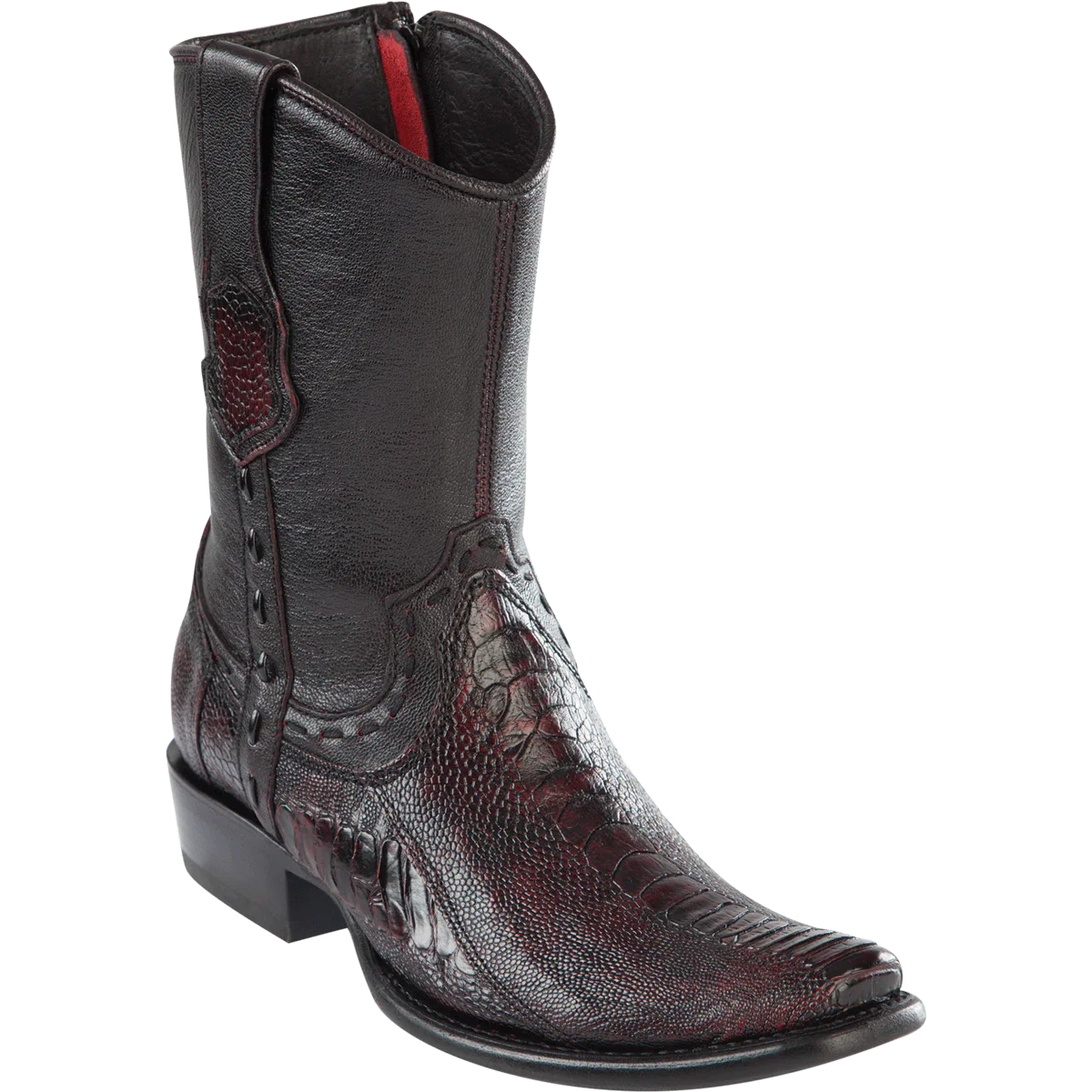 Botas Cortas de Pata de Avestruz Original Punta Cuadrada Dubai Color Negro Rojizo - Wild West Boots