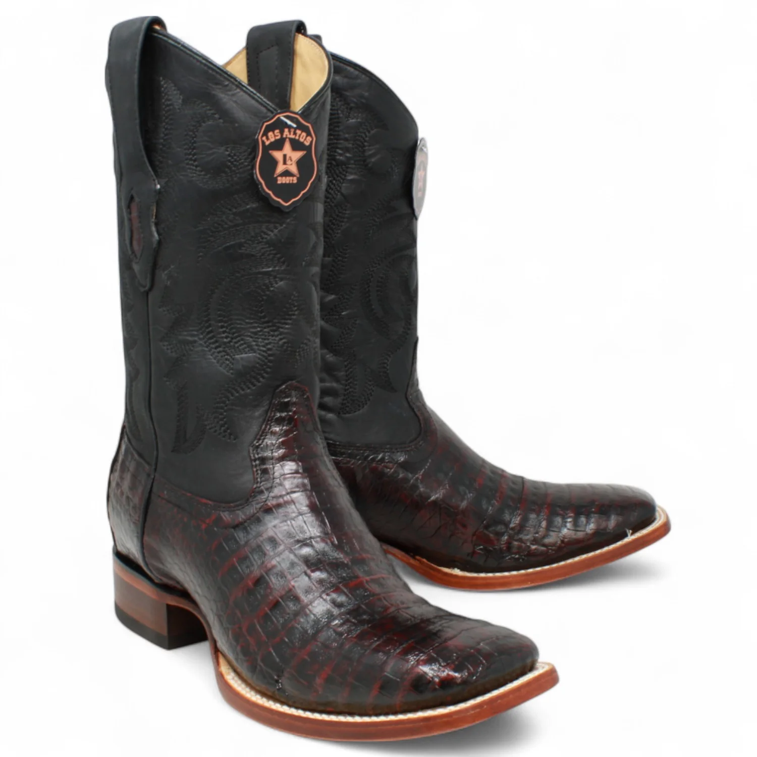 Botas de Panza de Caiman Original Punta Rodeo Cuadrada Ancha Color Negro Rojizo - Los Altos Boots - Imagen 3
