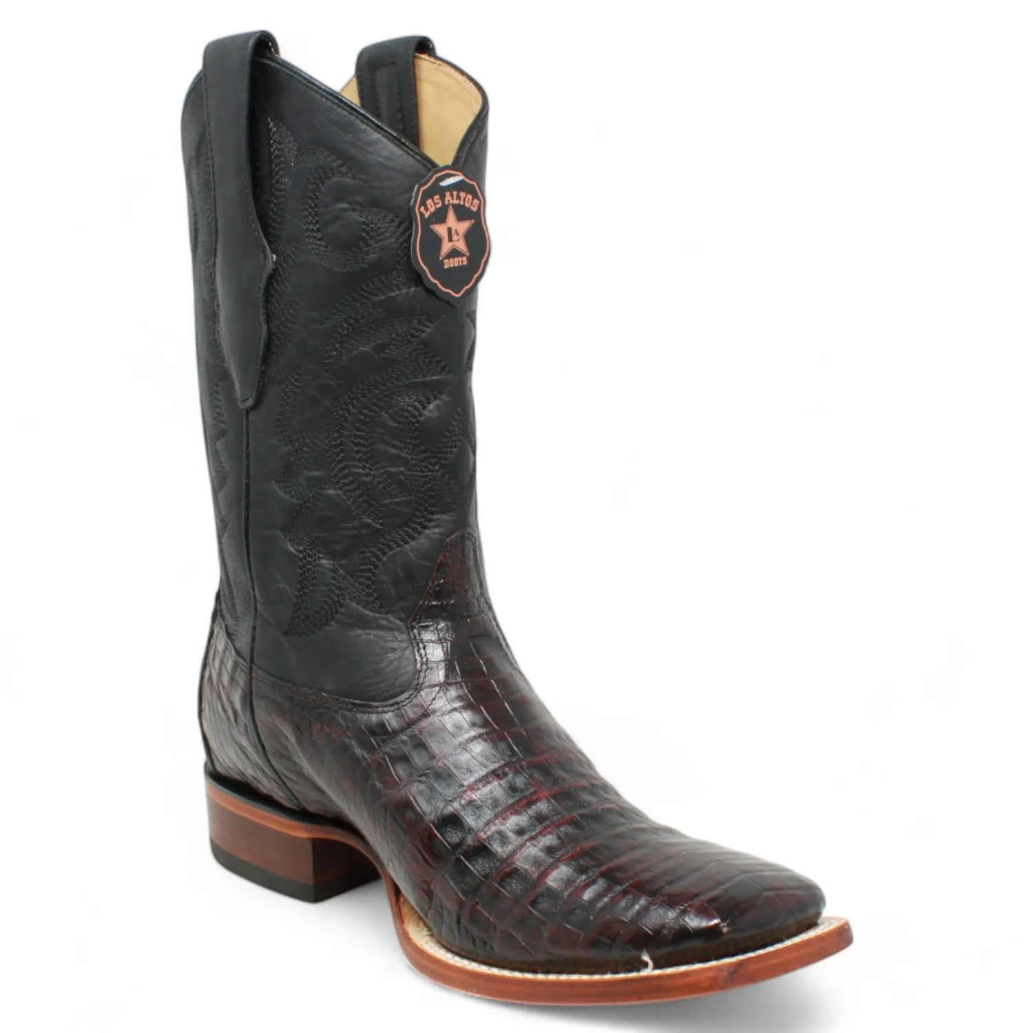 Botas de Panza de Caiman Original Punta Rodeo Cuadrada Ancha Color Negro Rojizo - Los Altos Boots - Imagen 2