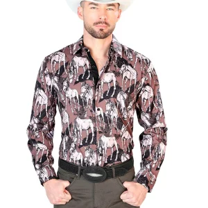 Black And Beige Horse Print Long Sleeve Shirt 43699