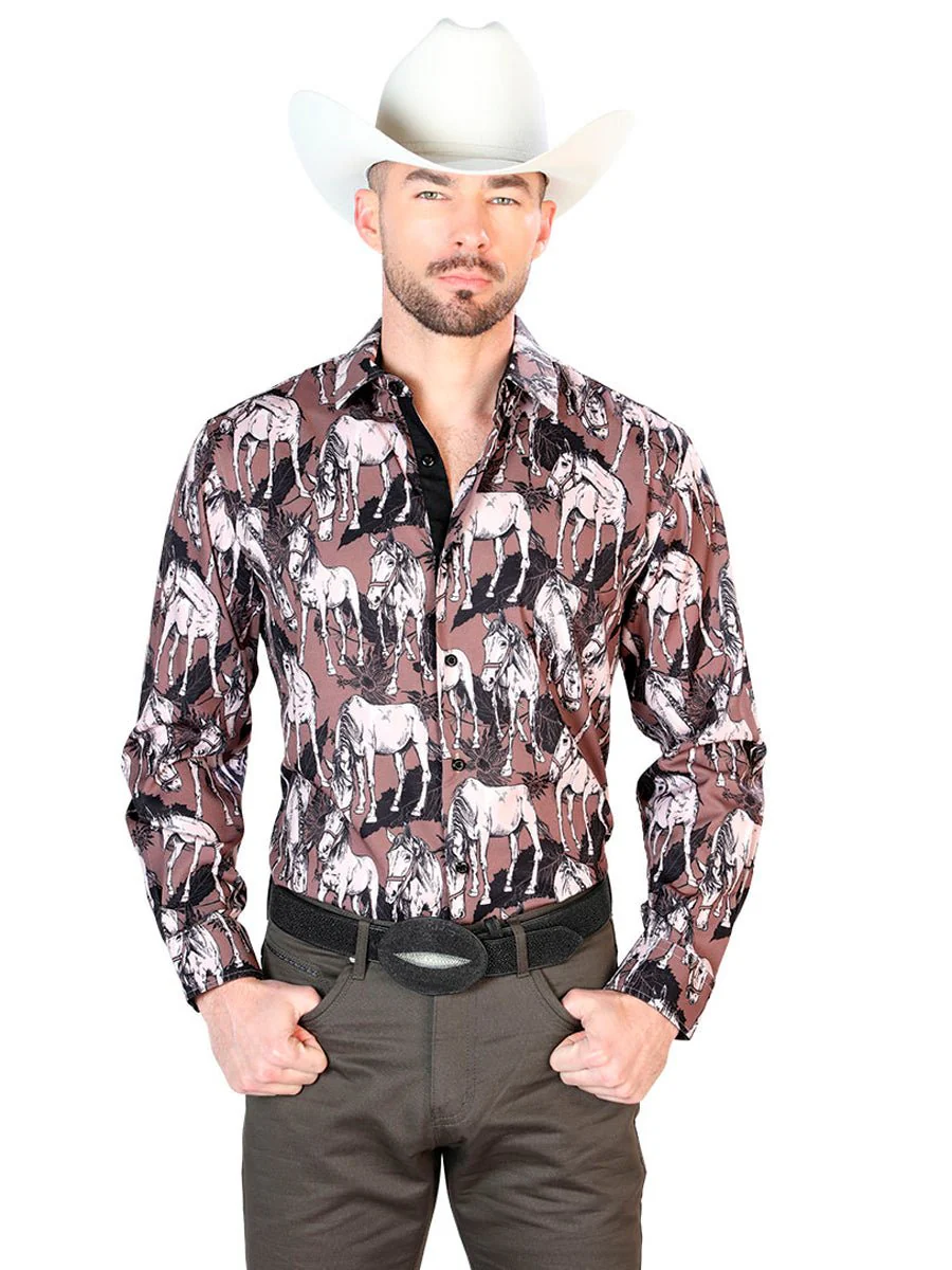 Black And Beige Horse Print Long Sleeve Shirt 43699