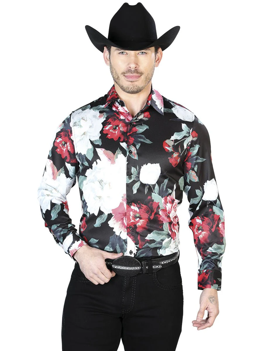 Black And White Flowers Casual Long Sleeve Shirt 43670 - Imagen 2