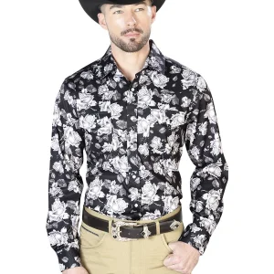 Black Flower Print Casual Long Sleeve Shirt 43960