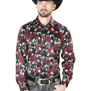 Black With Red Roses Casual Long Sleeve Shirt 43667