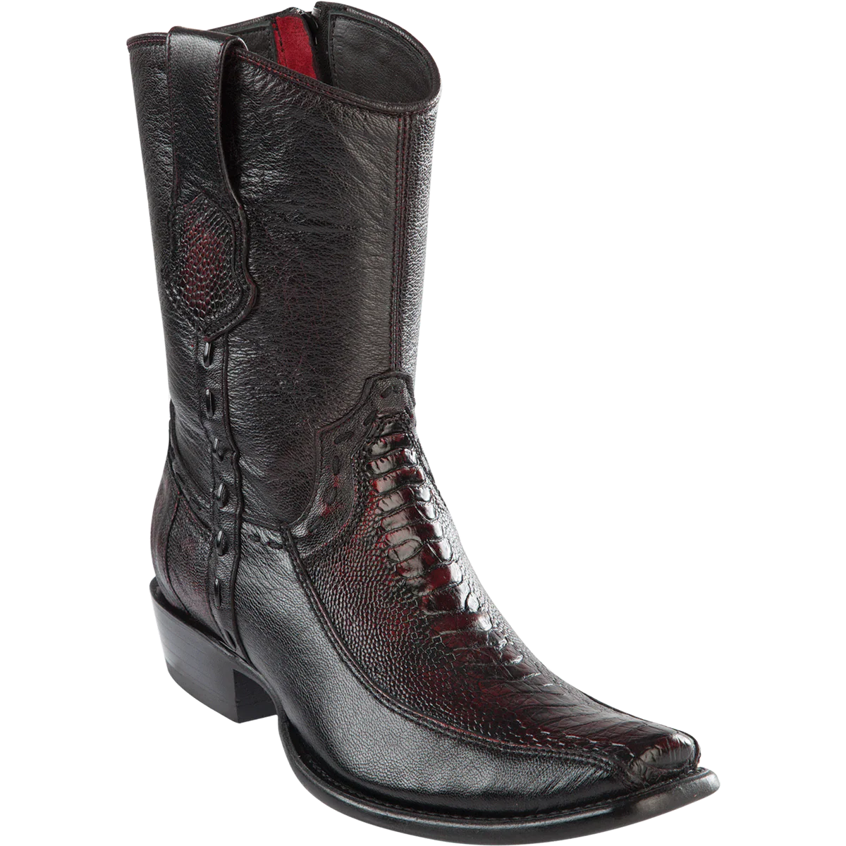 Botas Cortas de Avestruz Pata con Venado Original Punta Dubai Color Negro Rojizo - Wild West Boots - Imagen 2