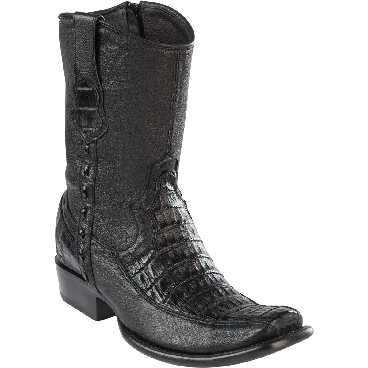 Botas Cortas de Cocodrilo Caiman Panza y Venado Original Punta Dubai Cuadrada Color Negro - Wild West Boots - Imagen 2