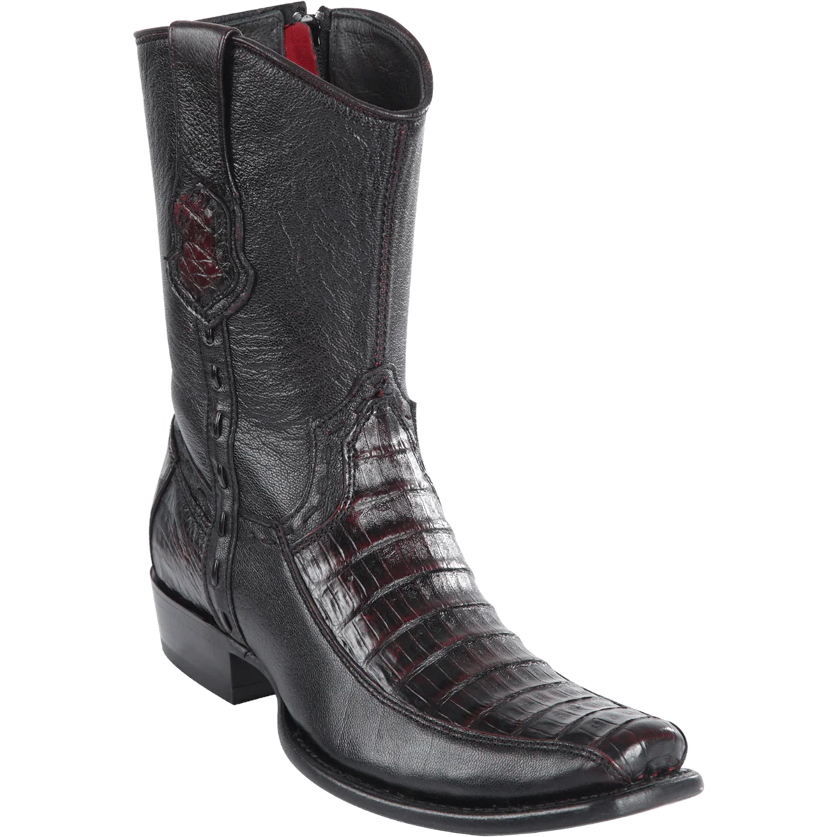 Botas Cortas de Cocodrilo Caiman Panza y Venado Original Punta Dubai Cuadrada Color Negro Rojizo - Wild West Boots