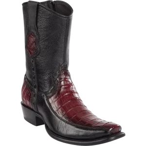 Botas Cortas de Cocodrilo Caiman Panza y Venado Original Punta Dubai Cuadrada Color Vino Difuminado - Wild West Boots