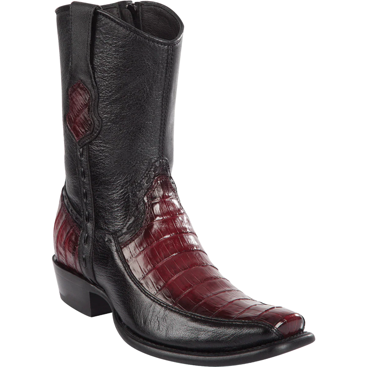 Botas Cortas de Cocodrilo Caiman Panza y Venado Original Punta Dubai Cuadrada Color Vino Difuminado - Wild West Boots - Imagen 2