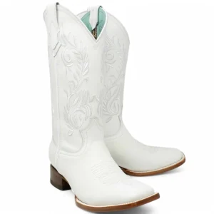 Bota de Dama Rodeo Cuadrada Blanca con Bordado - La Sierra