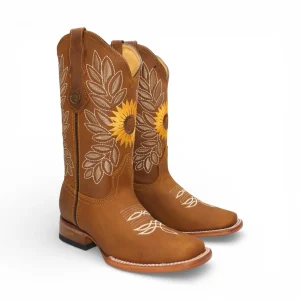 Bota Vaquera para Mujer de Piel Color Tan con Bordado de Girasoles y Punta Cuadrada – Hooch Boots H60131