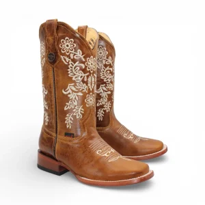 Bota Vaquera para Mujer de Piel Crazy Color Honey con Bordado de Flores Blancas y Punta Cuadrada – Hooch Boots H227251