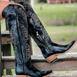 Botas Altas de Cuero Original para Mujer Color Negro Q34ST2705