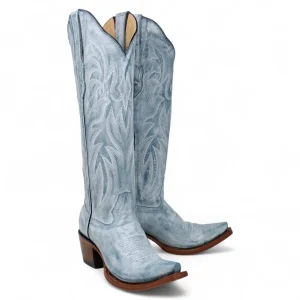Botas Altas de Piel Original Punta Recortada Para Dama Color Azul Mezclilla - Los Altos Boots