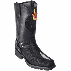 Botas Biker de Mantarraya Original Perla Sencilla Color Negro - Los Altos Boots