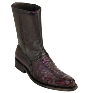 Botas Cortas de Avestruz Original Punta Oval Color Negro Rojizo - Los Altos Boots