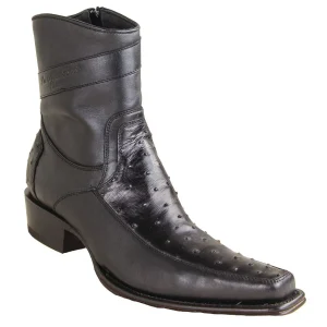 Botas Cortas de Avestruz y Piel Original Punta Europea Color Negro - Los Altos Boots