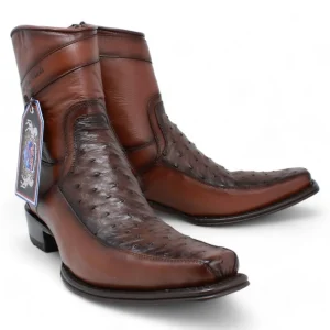 Botas Cortas de Avestruz y Venado Original Punta Europea Color Cafe - Wild West Boots