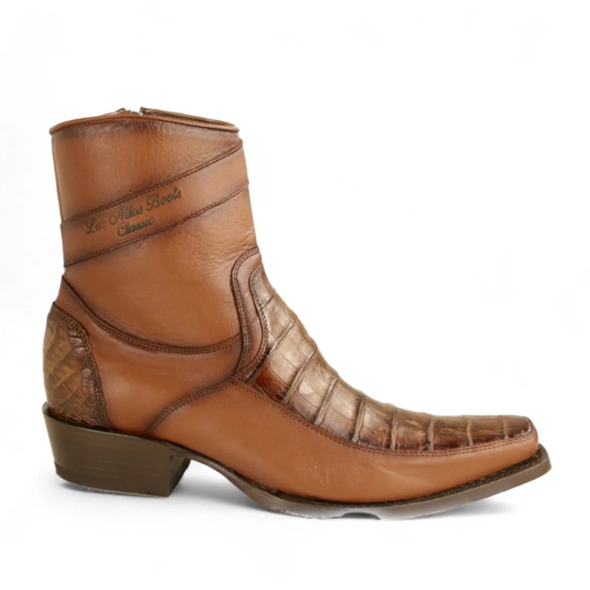 Botas Cortas de Caiman y Piel Original Punta Europea Color Cafe Difuminado - Los Altos Boots - Imagen 4