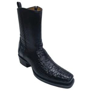 Botas Cortas de Cocodrilo Caiman Panza Original Punta 7X Cuadrada Ancha Color Negro - Los Altos Boots