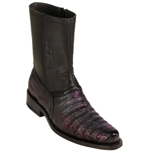 Botas Cortas de Cocodrilo Caiman Panza Original Punta Oval Color Negro Rojizo - Los Altos Boots