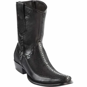 Botas Cortas de Mantarraya Original Perla Completa con Venado Punta Dubai Cuadrada Color Negro - Wild West Boots