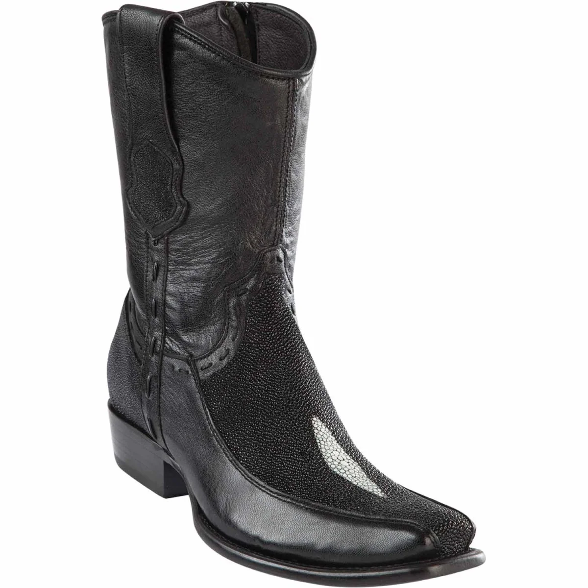 Botas Cortas de Mantarraya Original Perla Sencilla con Venado Punta Dubai Cuadrada Color Negro - Wild West Boots