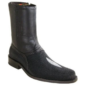 Botas Cortas de Mantarraya Original Perla Sencilla Punta Oval Color Negro - Los Altos Boots