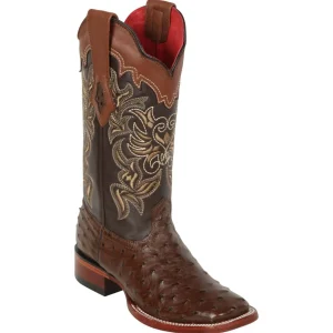 Botas de Avestruz Original en Punta Ancha Cuadrada para Dama Color Cafe- Los Altos Boots