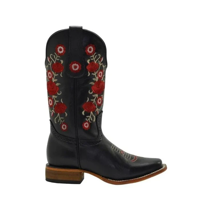 Botas de Cuero Horma Rodeo para Mujer Color Negro con Flores Rojas JB-1607 - Imagen 4