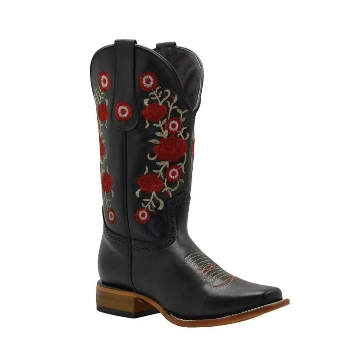 Botas de Cuero Horma Rodeo para Mujer Color Negro con Flores Rojas JB-1607 - Imagen 2