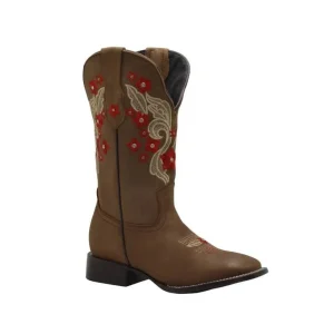 Botas de Cuero Horma Rodeo para Mujer Color Oryx con Flores Rojas JB-1606