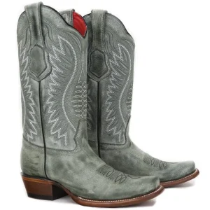 Botas de Piel Original Punta Dubai Cuadrada Para Dama Color Negro Rustico - Los Altos Boots