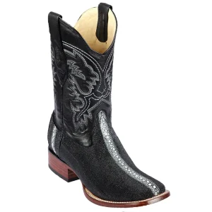 Botas de Mantarraya Original Perla Completa Punta Rodeo Cuadrada Ancha Color Negro - Los Altos Boots