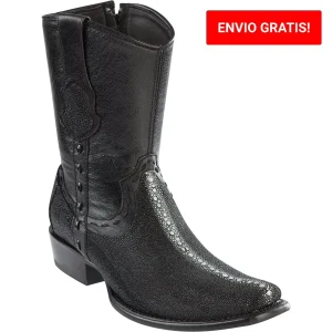 Botas Cortas de Mantarraya Original Perla Completa Punta Dubai Cuadrada Color Negro - Wild West Boots