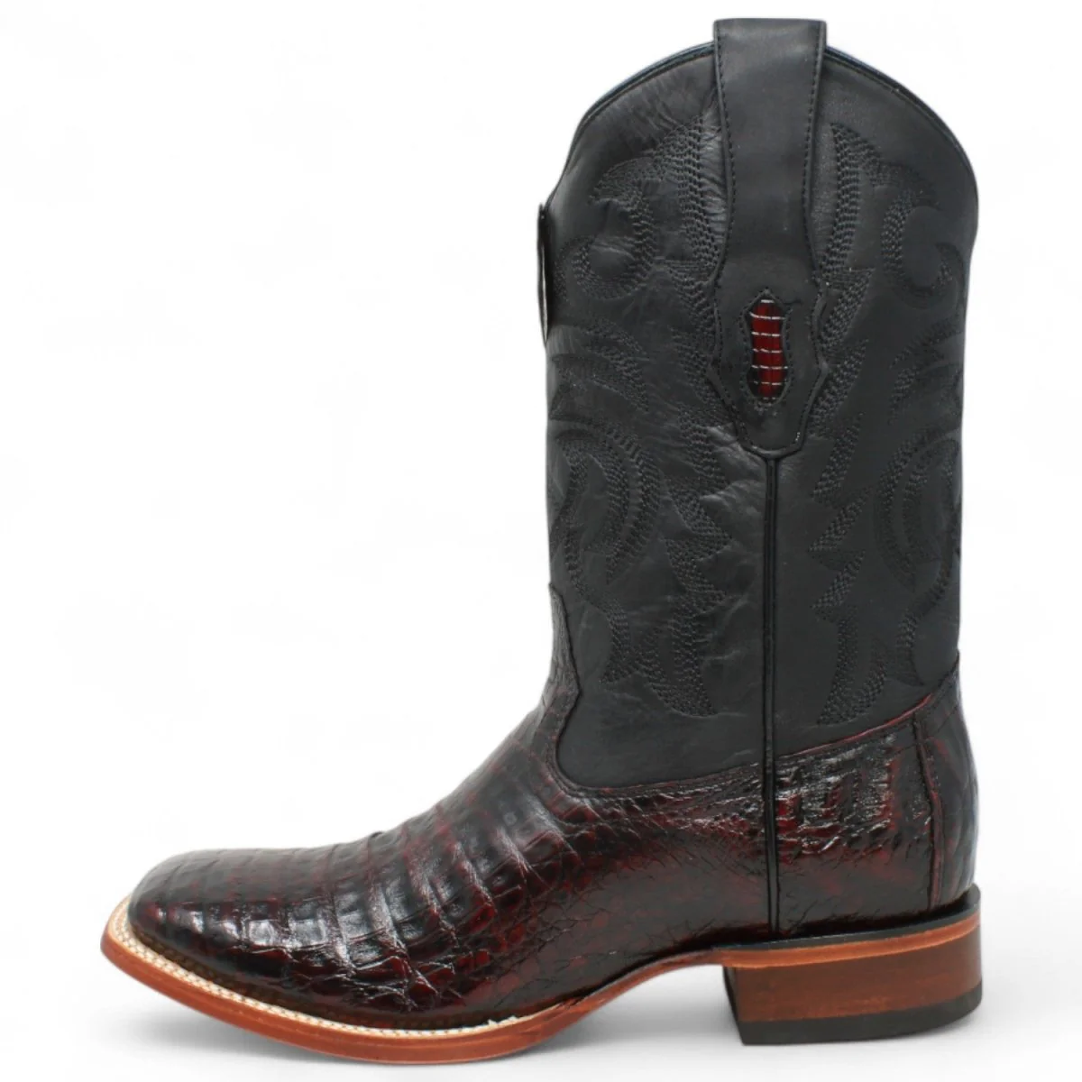 Botas de Panza de Caiman Original Punta Rodeo Cuadrada Ancha Color Negro Rojizo - Los Altos Boots - Imagen 4
