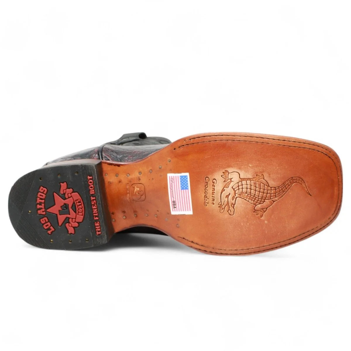 Botas de Panza de Caiman Original Punta Rodeo Cuadrada Ancha Color Negro Rojizo - Los Altos Boots - Imagen 7