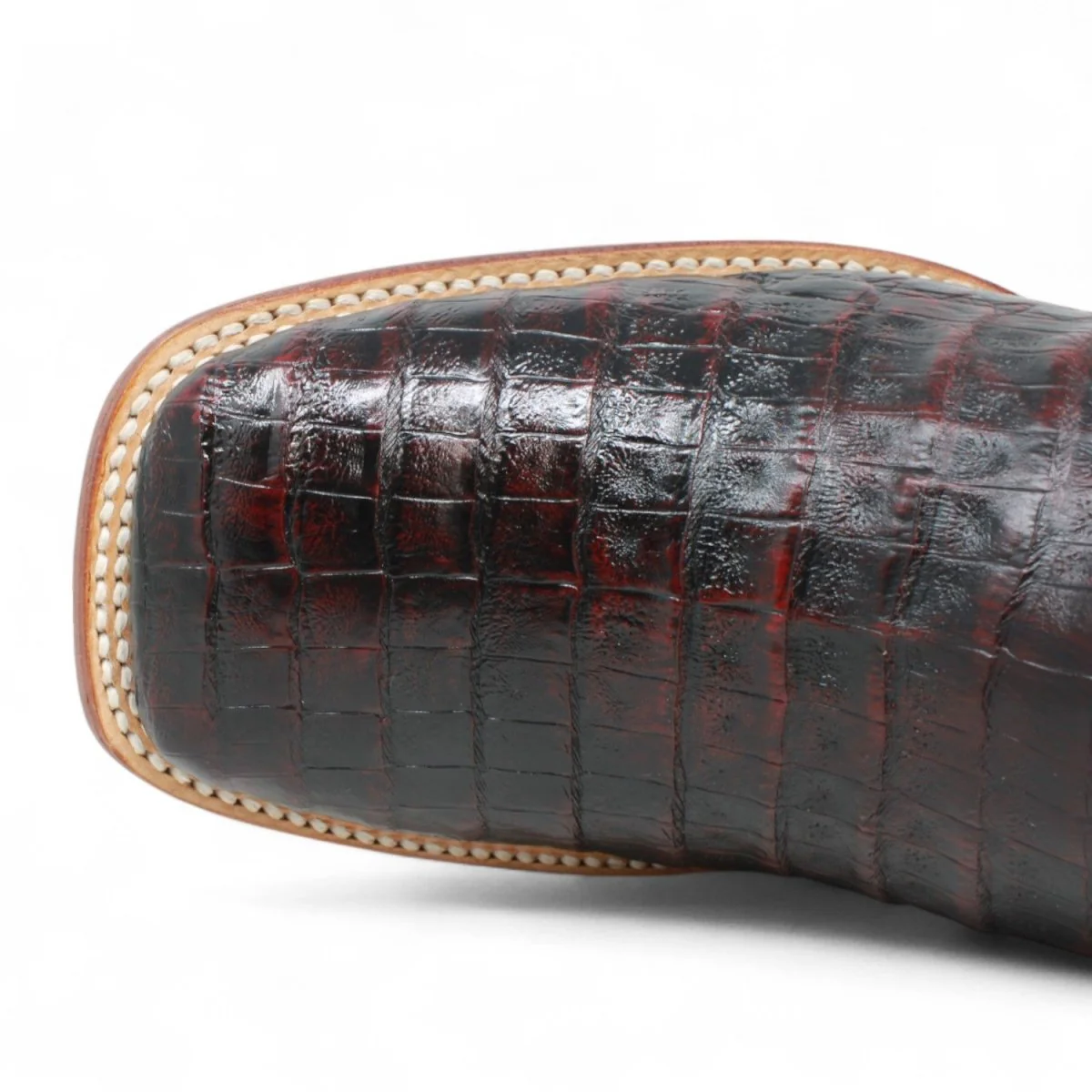 Botas de Panza de Caiman Original Punta Rodeo Cuadrada Ancha Color Negro Rojizo - Los Altos Boots - Imagen 6