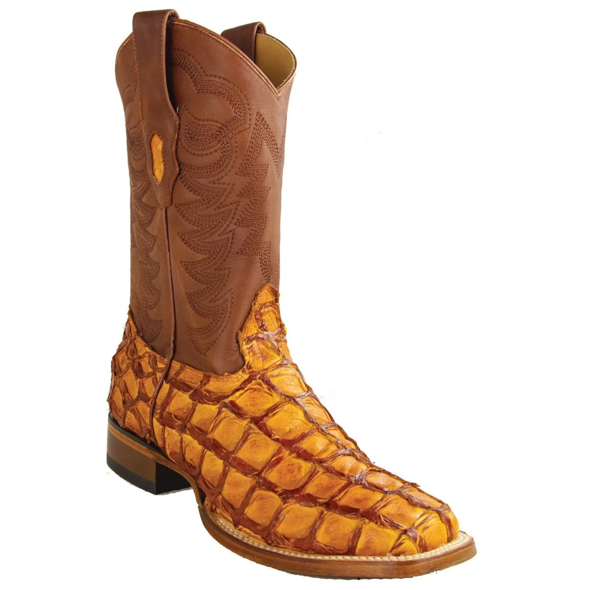 Botas de Pescado Pirarucu Original Punta Rodeo Cuadrada Ancha Color Cognac - Los Altos Boots