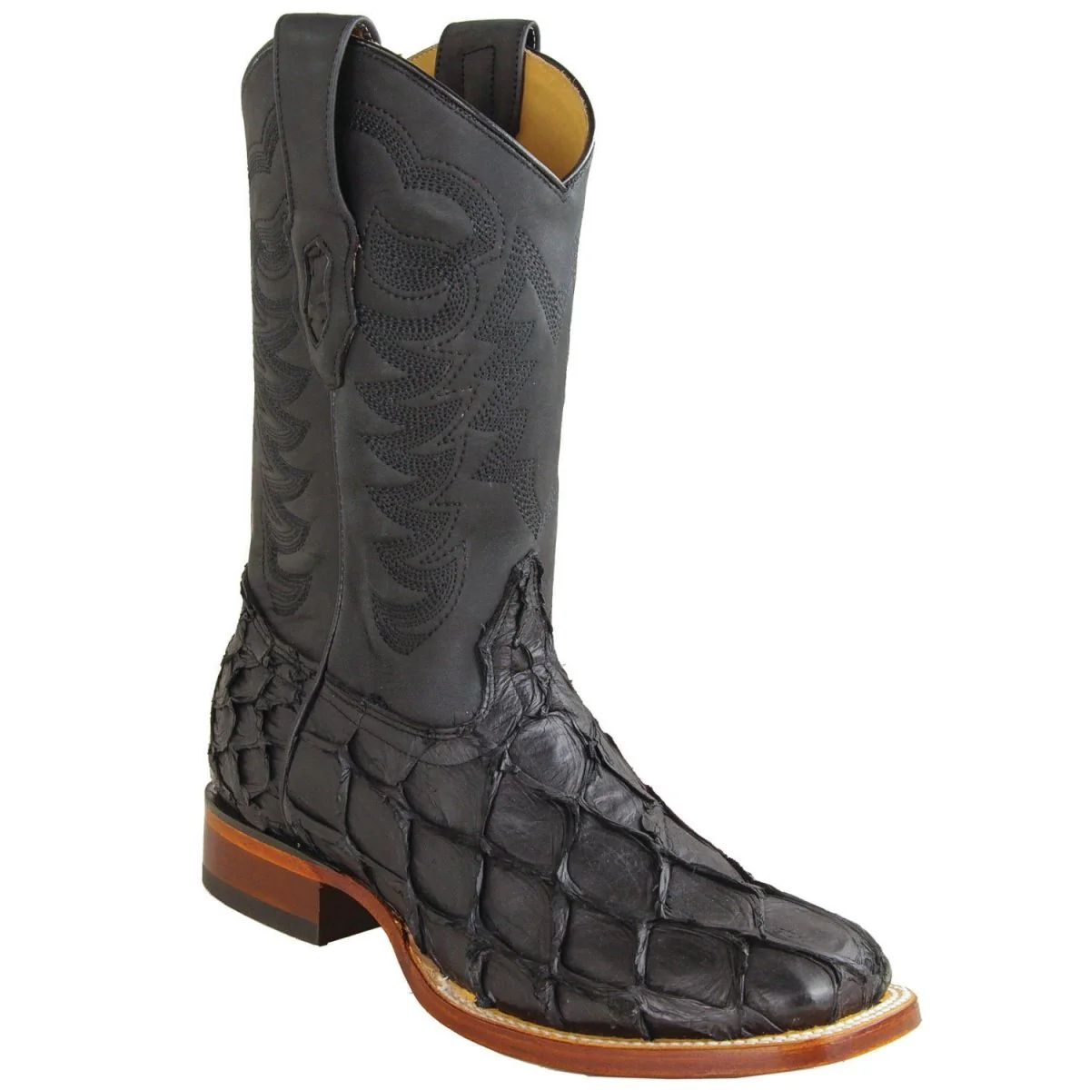 Botas de Pescado Pirarucu Original Punta Rodeo Cuadrada Ancha Color Negro Mate - Los Altos Boots