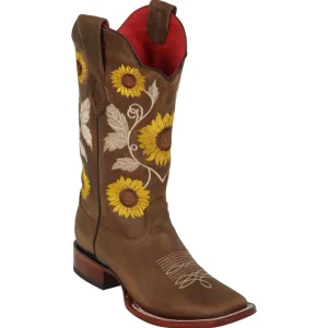 Botas de Piel Original Bordada en Punta Amplia Cuadrada para Dama Color Tan - Los Altos Boots