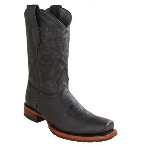 Botas de Piel Original Punta 7 Cuadrada con Medallon Color Negro - Los Altos Boots