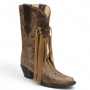 Botas de Piel Original Punta Recortada Color Cafe con Flecos-Ive West