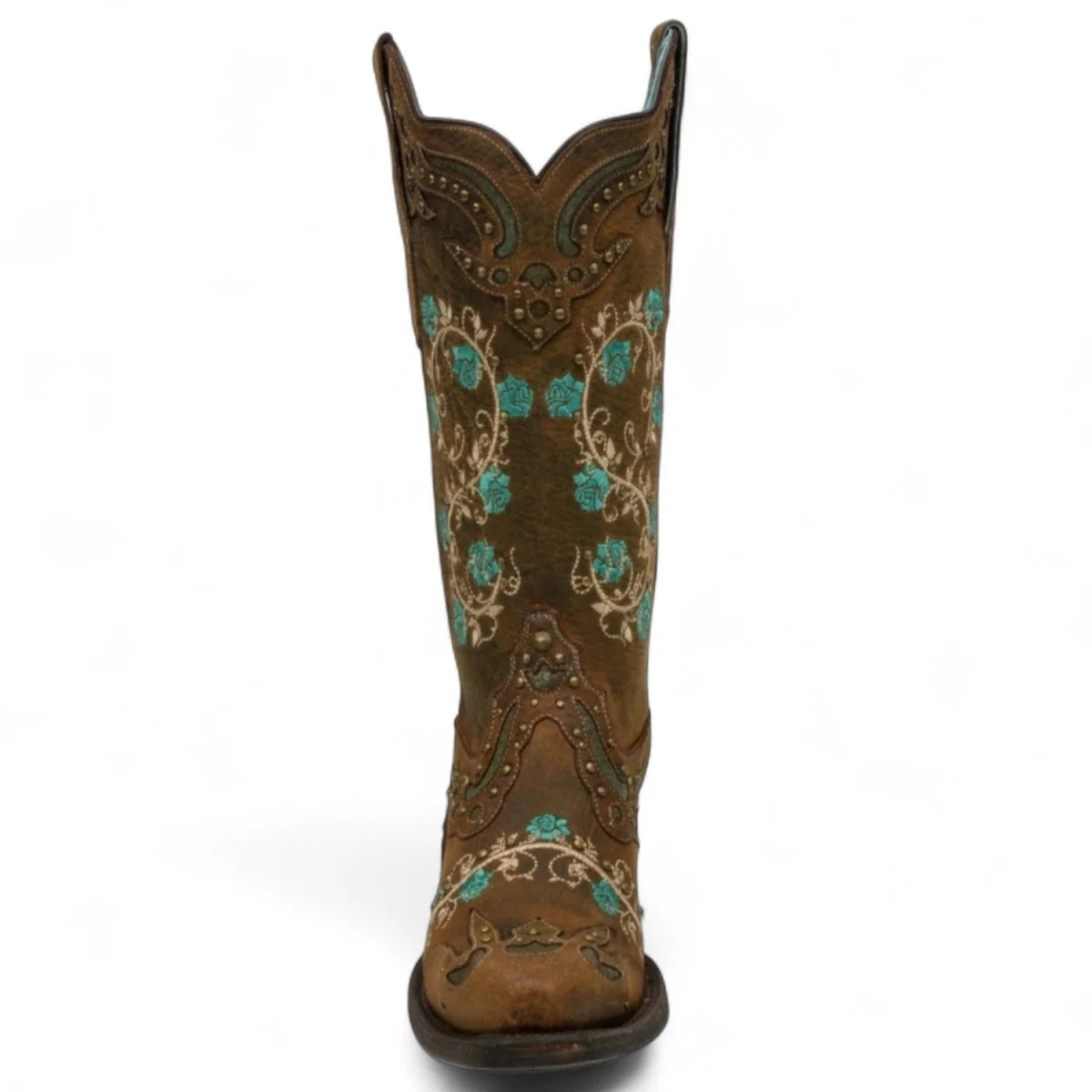 Botas de Piel Original Punta Recortada Color Cafe con Flores Turquesa-Ive West - Imagen 5