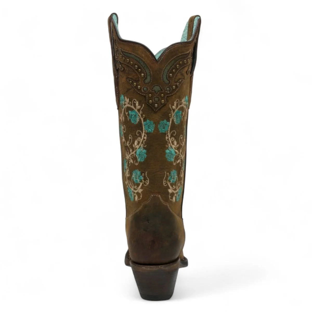 Botas de Piel Original Punta Recortada Color Cafe con Flores Turquesa-Ive West - Imagen 6