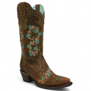 Botas de Piel Original Punta Recortada Color Cafe con Flores Turquesa-Ive West
