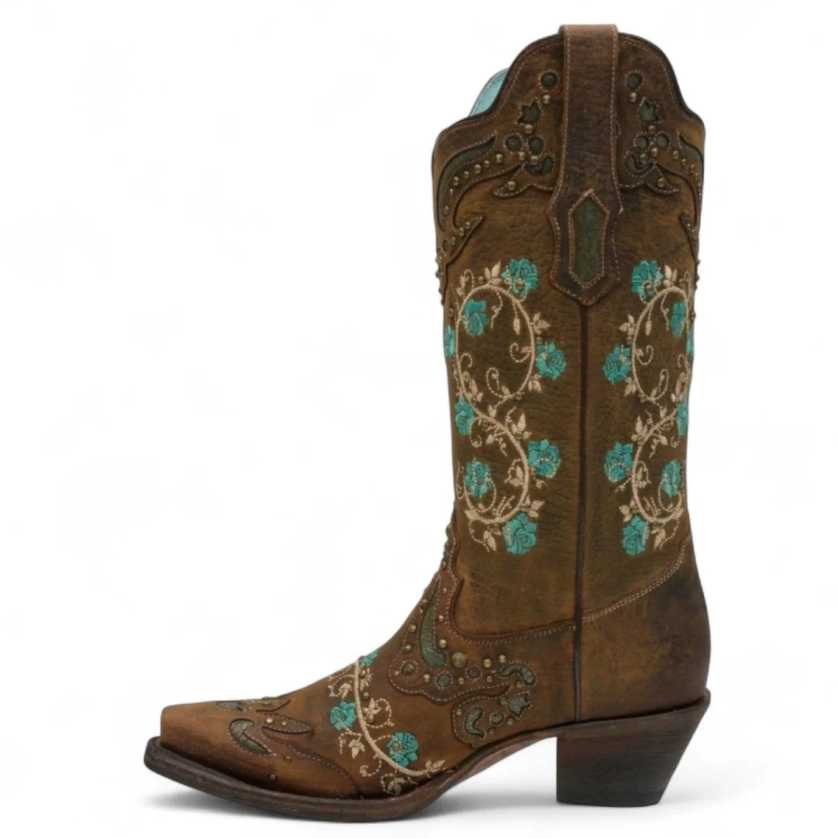Botas de Piel Original Punta Recortada Color Cafe con Flores Turquesa-Ive West - Imagen 4
