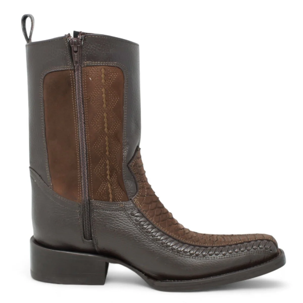 Botas de Piel Punta Cuadrada Piton Grabado Nobuck Color Cafe con Cierre - LC260 - Imagen 3