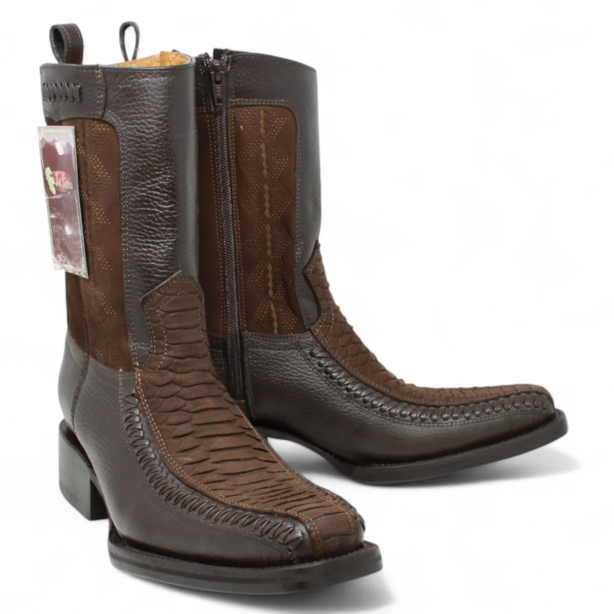 Botas de Piel Punta Cuadrada Piton Grabado Nobuck Color Cafe con Cierre - LC260 - Imagen 8