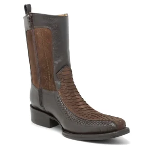 Botas de Piel Punta Cuadrada Piton Grabado Nobuck Color Cafe con Cierre - LC260